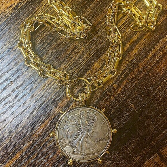 Gold Walking Liberty Coin Statement Necklace Large Chunky 1900 Liberty Coin - Picture 2 of 5